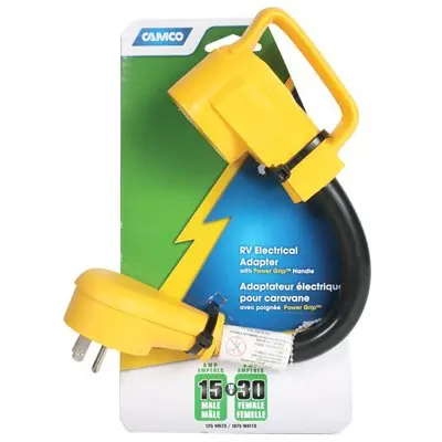 SK0461973-US20260702-105043-0 TRUE VALUE 55163 Camco RV PowerGrip Electric Adapter, 15A Male to 30A Female, 12-In. - TV155817 - Image 1