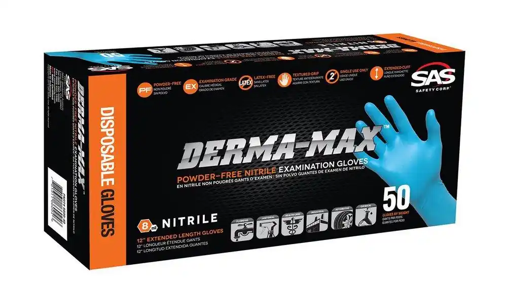 SK0478249-US20260702-105043-0 SAS Safety 6609-40 Derma-Max 8 Mil Size XL Powder Free Rubber Extended Length Disposable Glove in Blue (Pack of 50) - Image 1