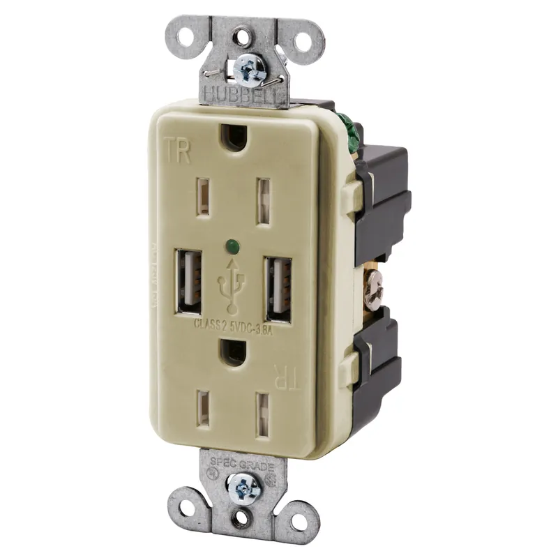 Hubbell USB15X2I USB Charger / Tamper-Resistant Receptacle, Two USB Type 2.0 Ports 3 Amp, 5VDC, 15 Amp, 125VAC Decorator Duplex - Ivory
