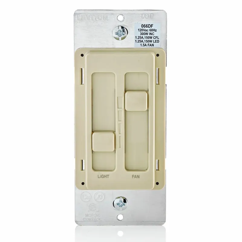 Leviton 66DF-10I SureSlide Dual Quiet Fan and Light Control 150W-120VAC Dimmable LED and CFL 300W-120VAC Incandescent