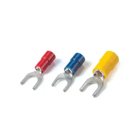 SK0481148-US20260702-105043-0 ABB TV10-14F-XV Catamount TV10-14F-XV 12 to 10 AWG 1/4 Inch Stud Yellow Electrotinned Copper Vinyl Insulated Fork Terminal - Image 1