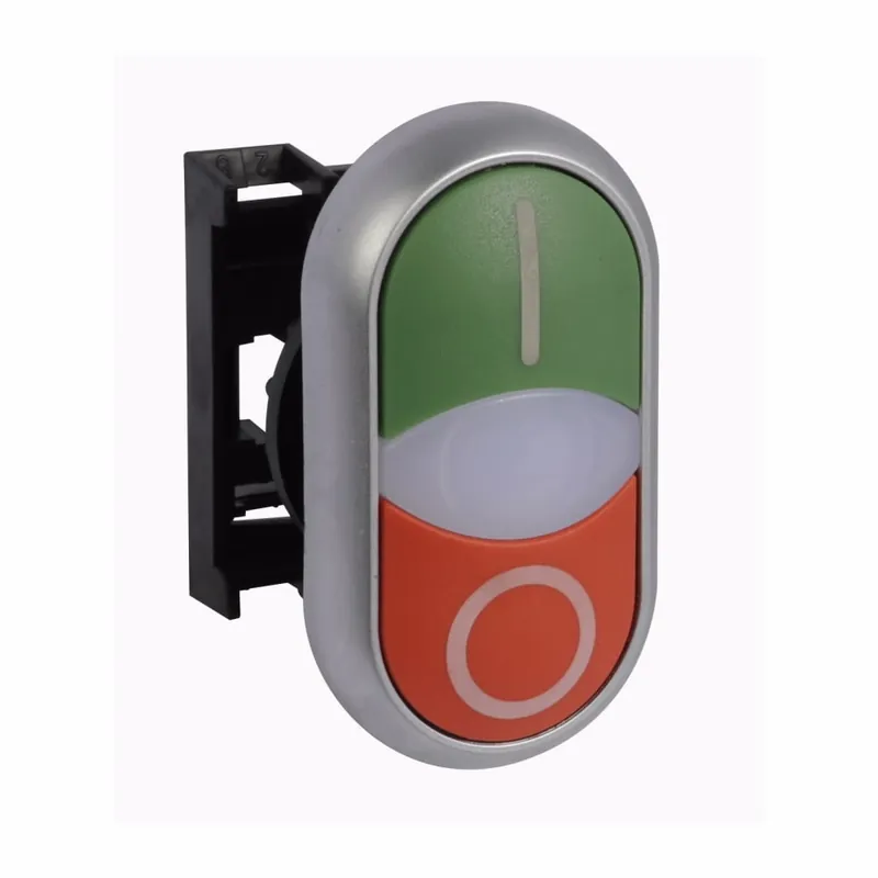 Eaton M22-DDLM-GR-X1-X0 Eaton M22 Modular Pushbutton 22.5 mm Top Flush Bottom Extended Momentary Illuminated Bezel Silver Button Top Green Bottom Red Inscription Top I Bottom O X1 X0