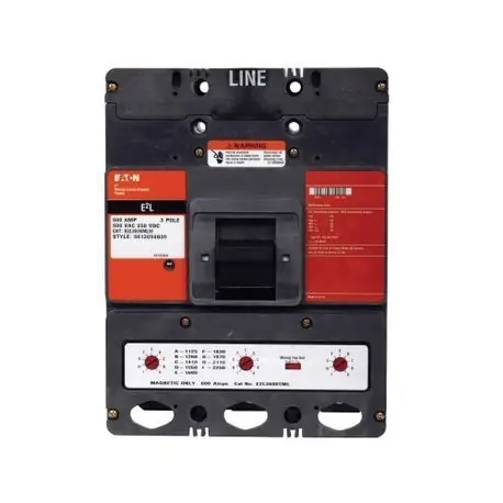 EATON E2L3600MLWD11T17 C Series Type E2L Complete Specialty Mining Molded Case Circuit Breaker, 600 VAC/250 VDC, 600 A, 22/25 kA Interrupt, 3 Poles, Interchangeable Magnetic Only Trip