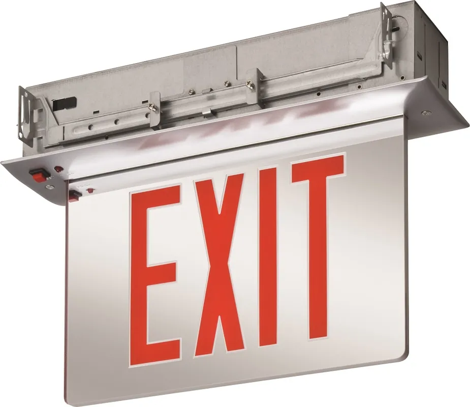 Lithonia Lighting EDGR-1-R-EL-M4 Recessed Mount LED Edge-Lit Exit Sign, Single Face, Red Lettering on Clear Acrylic, 120-277V w/Ni-Cad Battery, Brushed Aluminum Housing