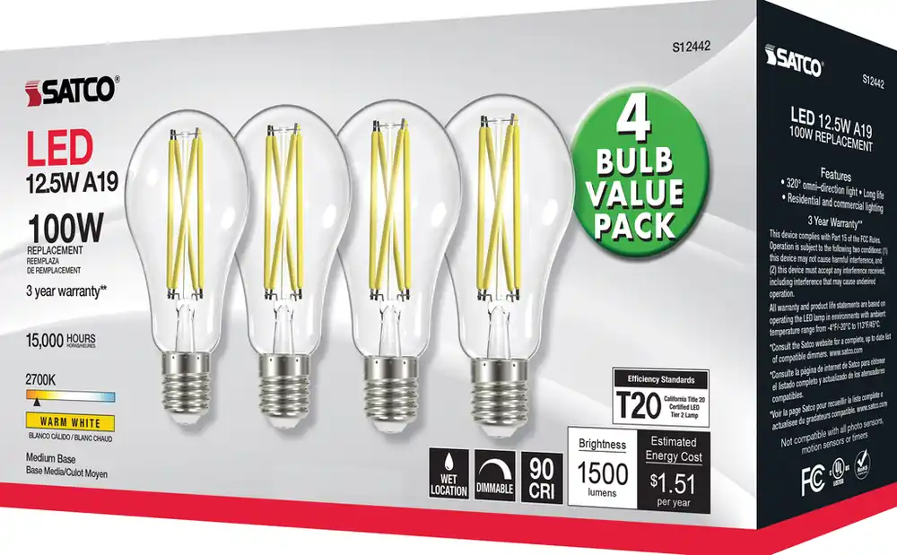 SK0486625-US20260702-105043-0 Satco S12442 12.5 Watt A19 LED 100 Watt Replacement 4-Pack - Image 1