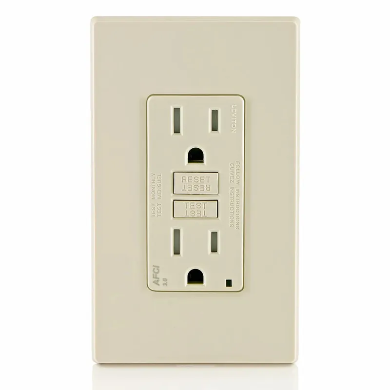 Leviton AFTR1-T Duplex AFCI Receptacle With LED Indicator, 125 VAC, 15 Amp, 2 Poles, 3 Wires, Light Almond