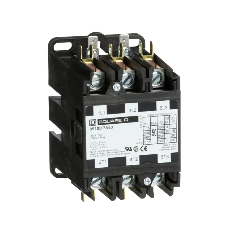 Square D 8910DPA63V09Y125 Contactor, Definite Purpose, 60A, 3 Pole, 30HP at 575VAC, 208/240VAC 60Hz 220VAC 50Hz coil