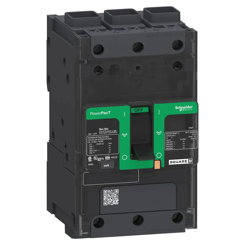 Schneider Electric BDF36060 Circuit Breaker, PowerPacT B, 60A, 3 Pole, 600Y/347VAC, 14kA, terminal nut, thermal magnetic, 80%