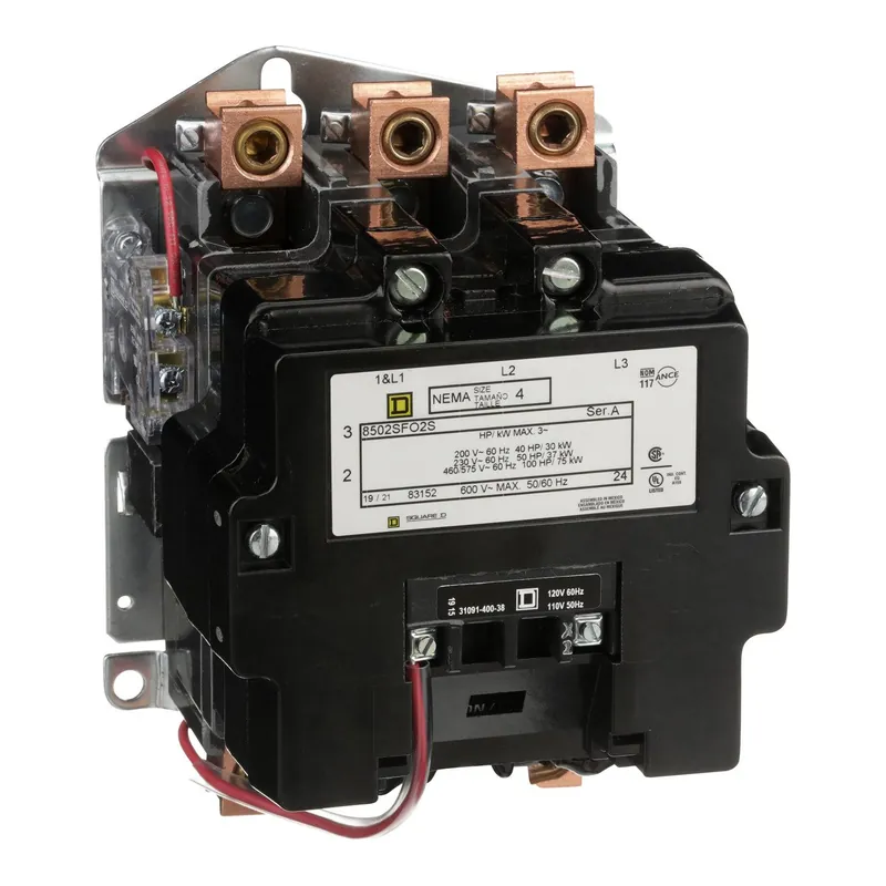 Square D 8502SFO2V02S NEMA Contactor, Type S, Nonreversing, Size 4, 135A, 100 HP at 575 VAC, 3 Phase, Up to 100 kA, 3 Pole, 120 VAC Coil, Open