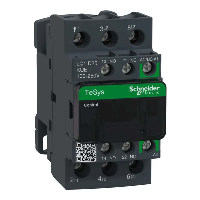SK0508314-US20260702-105043-0 Schneider Electric LC1D25KUE IEC Contactor TeSys Deca Green Nonreversing 25A 15HP at 480VAC up to 100kA SCCR 3 Phase 3 NO 100/250VAC/VDC Coil - Image 1