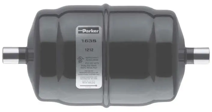 SK0510074-US20260702-105043-0 Parker Hannifin 450030-001 3/8 x 3/8, SAE Flare x SAE Flare, 9.69 L, 5.44 Ton, 650 PSI, Nickel Plated Steel, Powder Painted, Liquid Line, Filter Drier for R-22/R-134a/R-404A/R-507 Refrigerant - Image 1