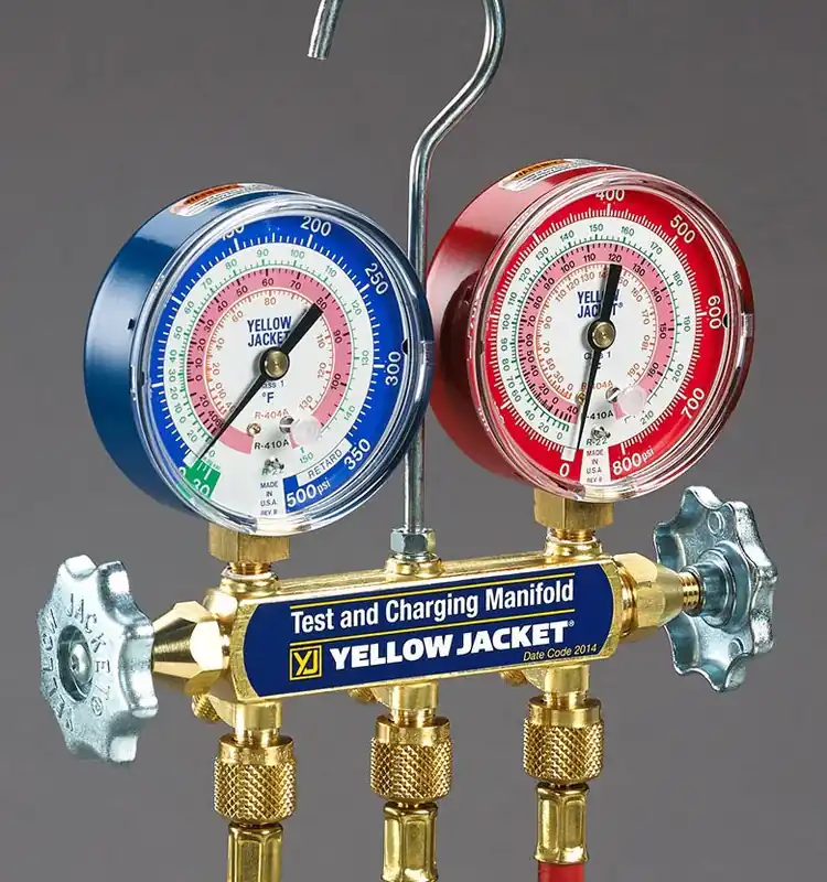 SK0513351-US20260702-105043-0 Ritchie Engineering 42201 1/4 Flare, 3-1/8 Red/Blue Dial, 800 PSI, Forged, Brass, R-22/R-404A/R-410A, Class 1, 1% Accuracy, Manifold - Image 1
