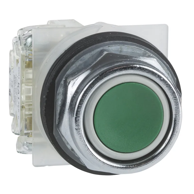 Schneider Electric 9001KR1GH5 Square D 30 mm 600 VAC Momentary 1NO Green Lens Chrome Plated Metal Bezel Non-Illuminated Push Button