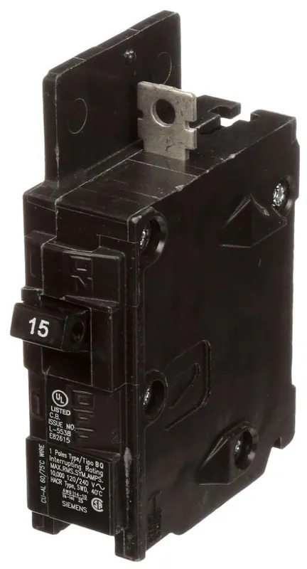 Siemens BQ1B015 Type BQ Low Voltage Molded Case Circuit Breaker 120 VAC 15 A 10 kA Interrupt 1 Poles